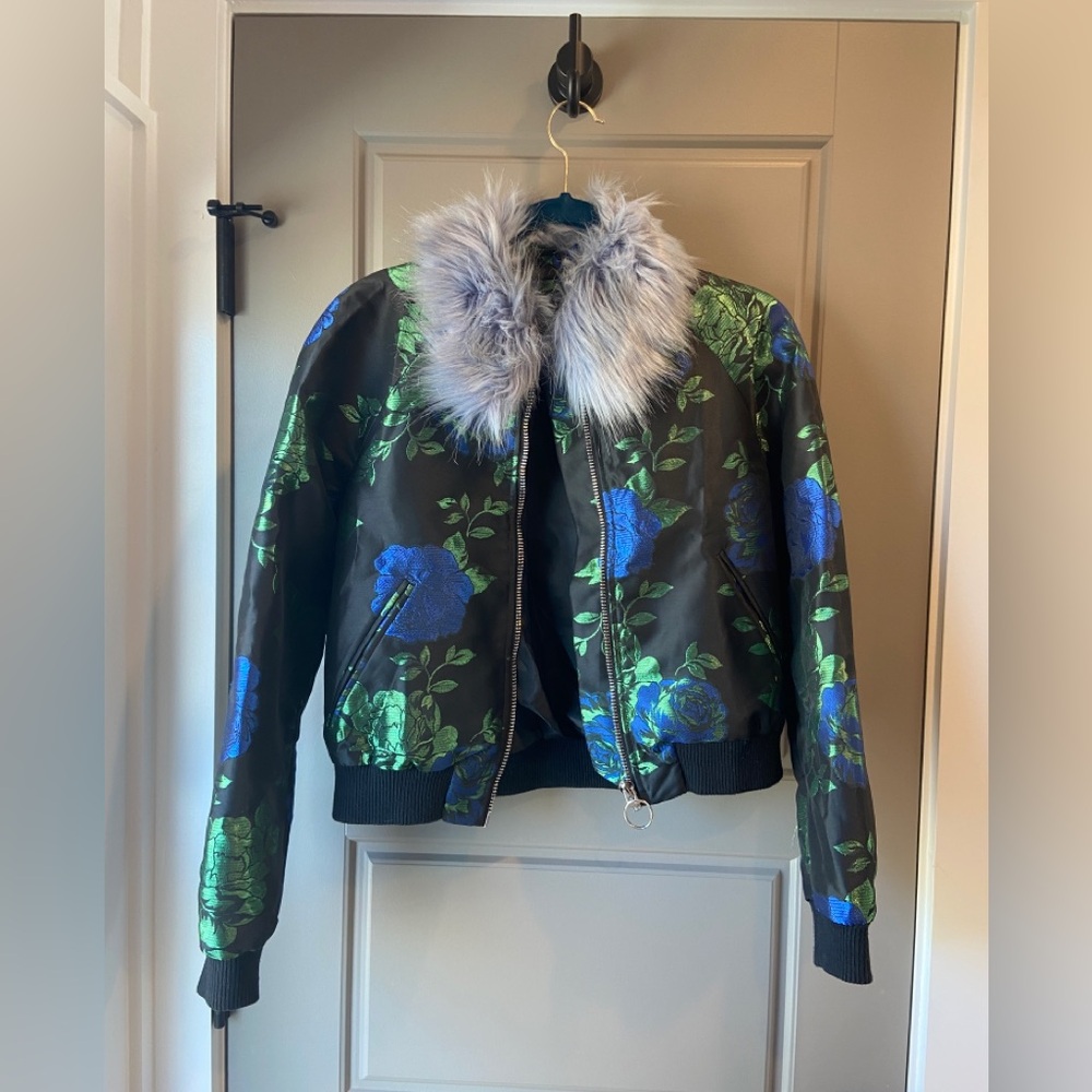 Floral Faux Fur Collar Jacket